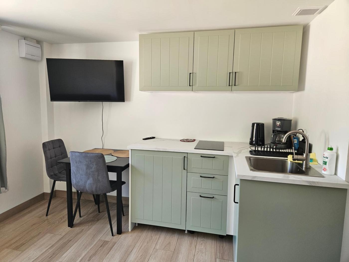 Apartament z aneksem kuchennym, stołem i telewizorem